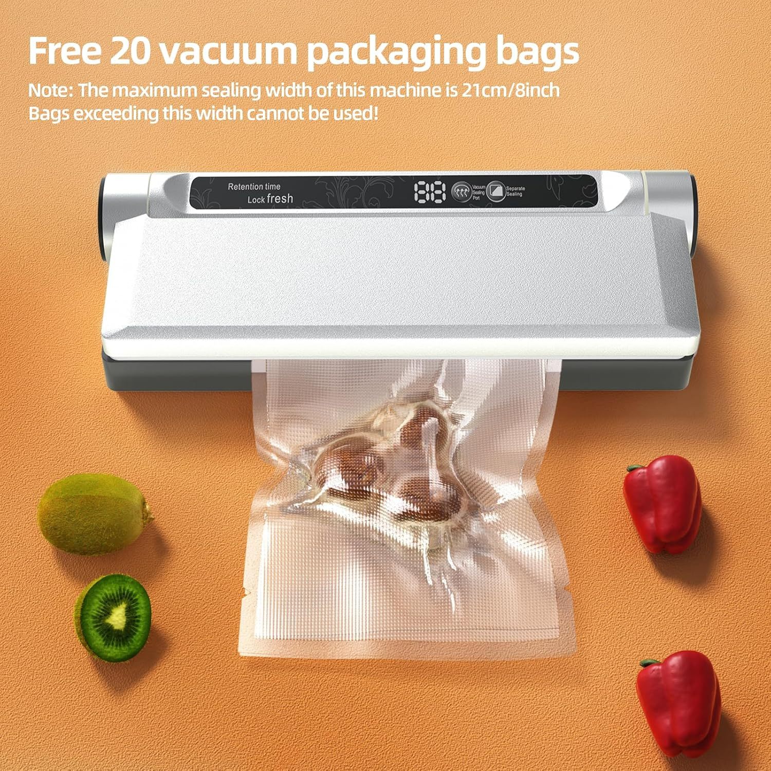 Food Storage Vacuum Sealer Machine, 75KPA Strong Suction, Dry/Wet Modes, 20 Vacuum Seal Bags for Food, Digital Countdown Timer, Compact Lightweight, Ideal for Home Kitchen Use