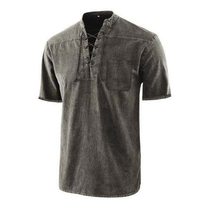 Men Gothic Retro T Shirt Lace-up V-neck Linen Pocket Short Sleeve Tee Shirt Loose Tops