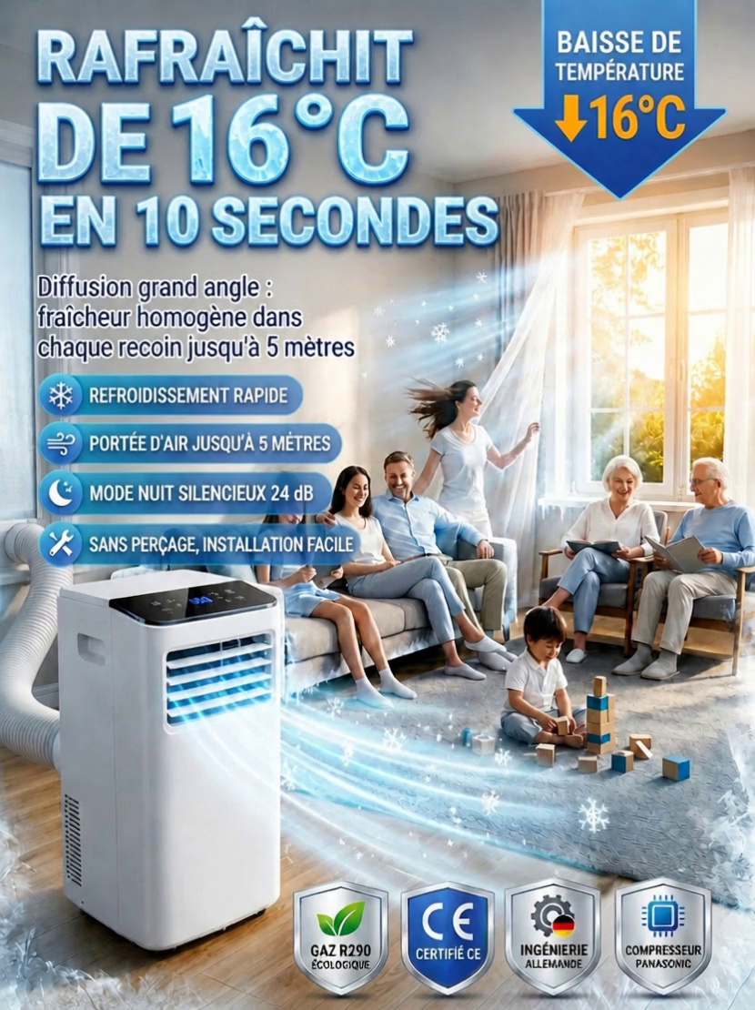【Un best-seller en Europe et en Amérique !】Climatiseur mobile sans installation【Refroidissement + Déshumidification + Purification de l'air en un seul appareil ! Un seul appareil remplace trois fonctions !】