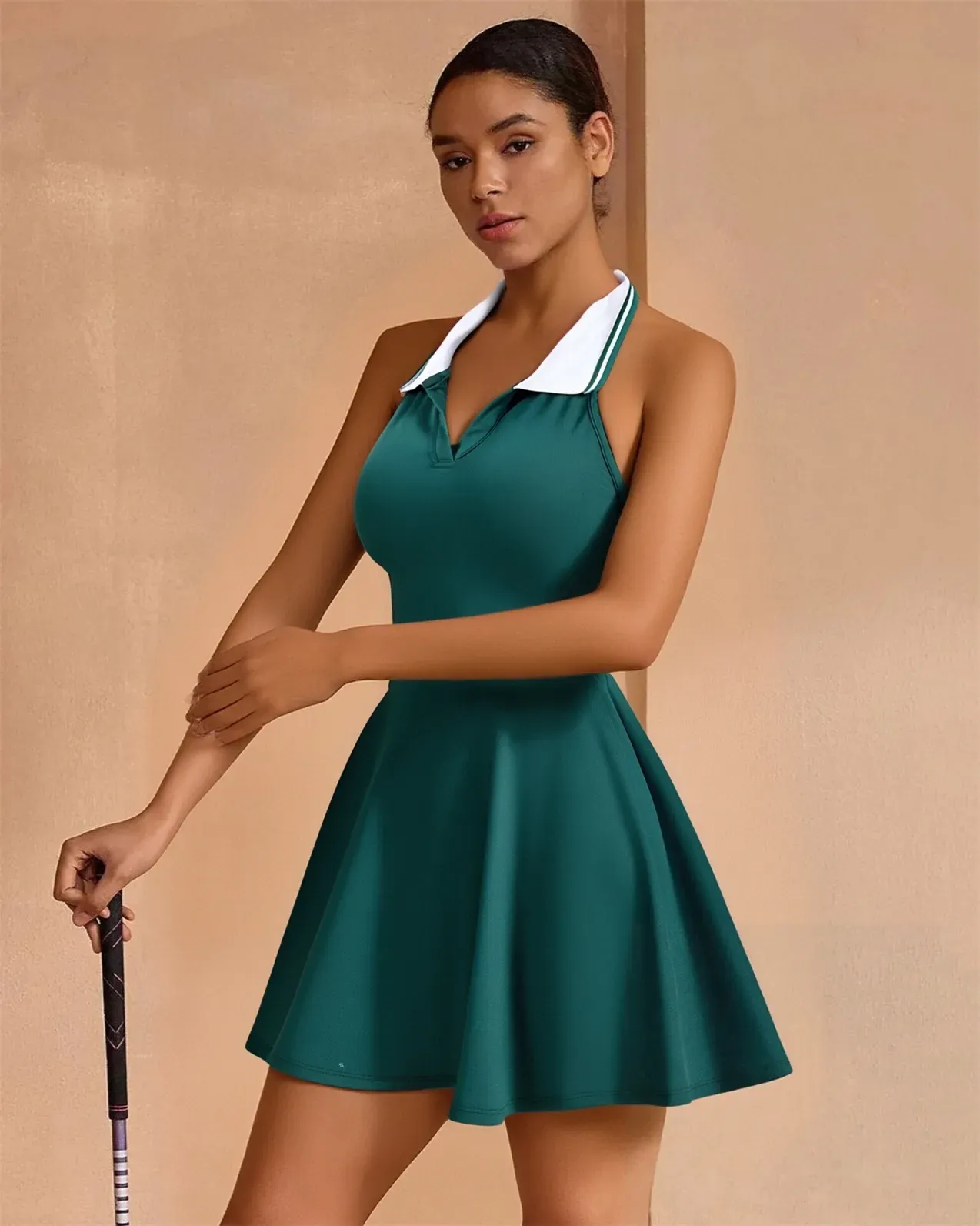 Women's Sports Tennis Skirt Halter Neck Fitness One-Piece Dress Contrast Color Lapel Golf Skirt