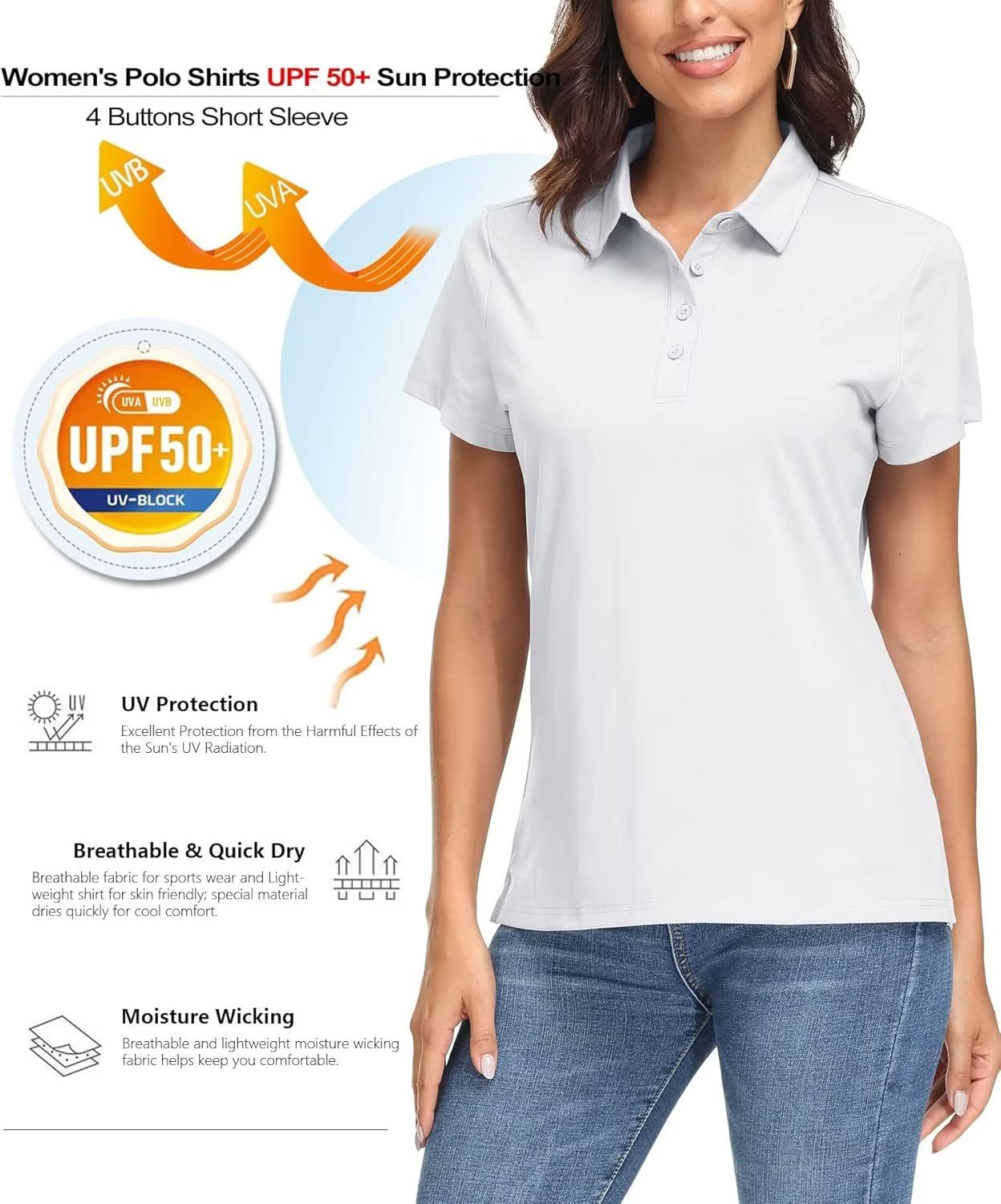 Women's Polo Shirts UPF 50+ Sun Protection 4 Buttons Casual Work Quick Dry Short Sleeve Collared Golf Shirt