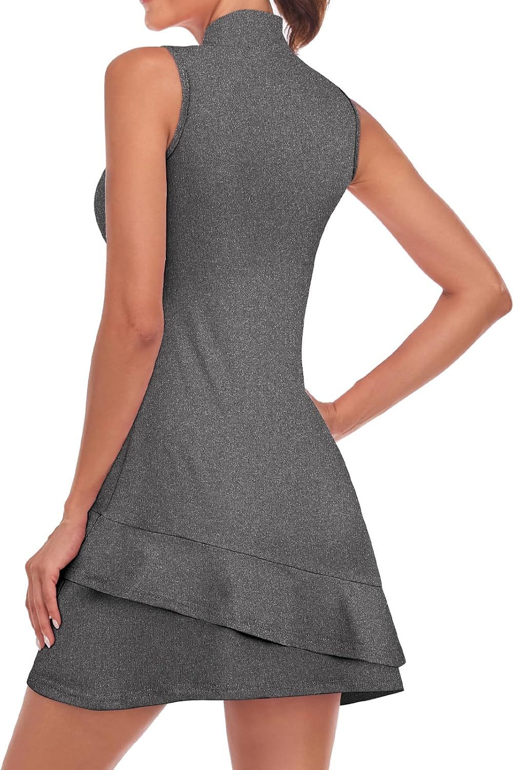 Tennis Dress for Women Sleeveless Golf Dresses with Shorts and Pockets Ruffle Zip Up Stand Collar Golf Outfits