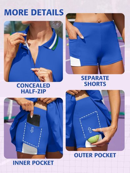 Women Tennis Dresses Ribbed Polo Golf Dress Half Zip Pleated Workout Dress with Built in Shorts and Bra