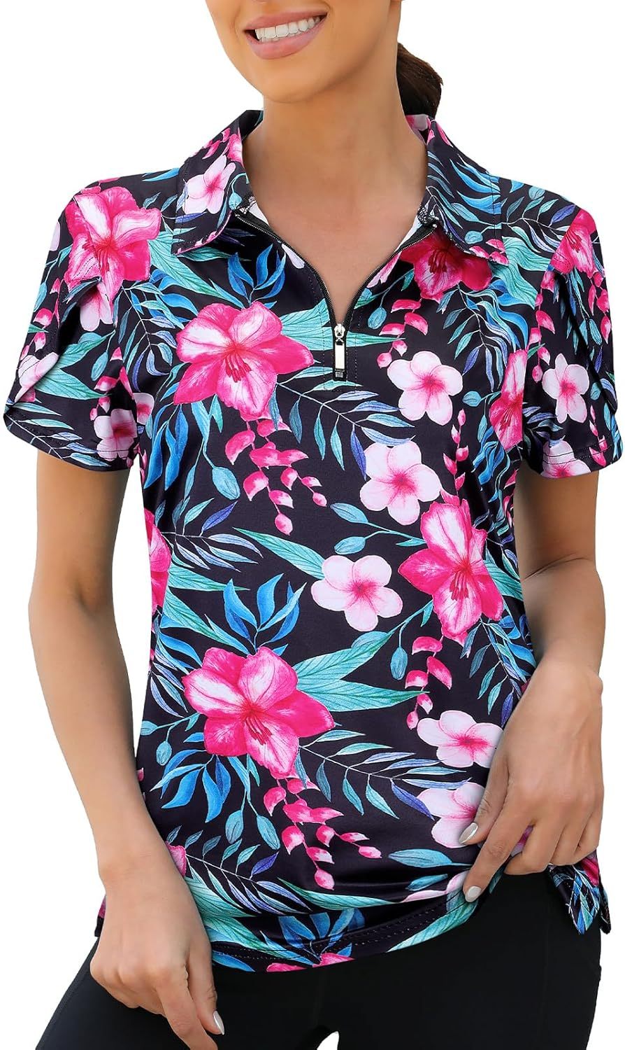 Womens Golf Polo Shirts 1/4 Zip Up Overlap Short Sleeve Quick Dry Workout Tops