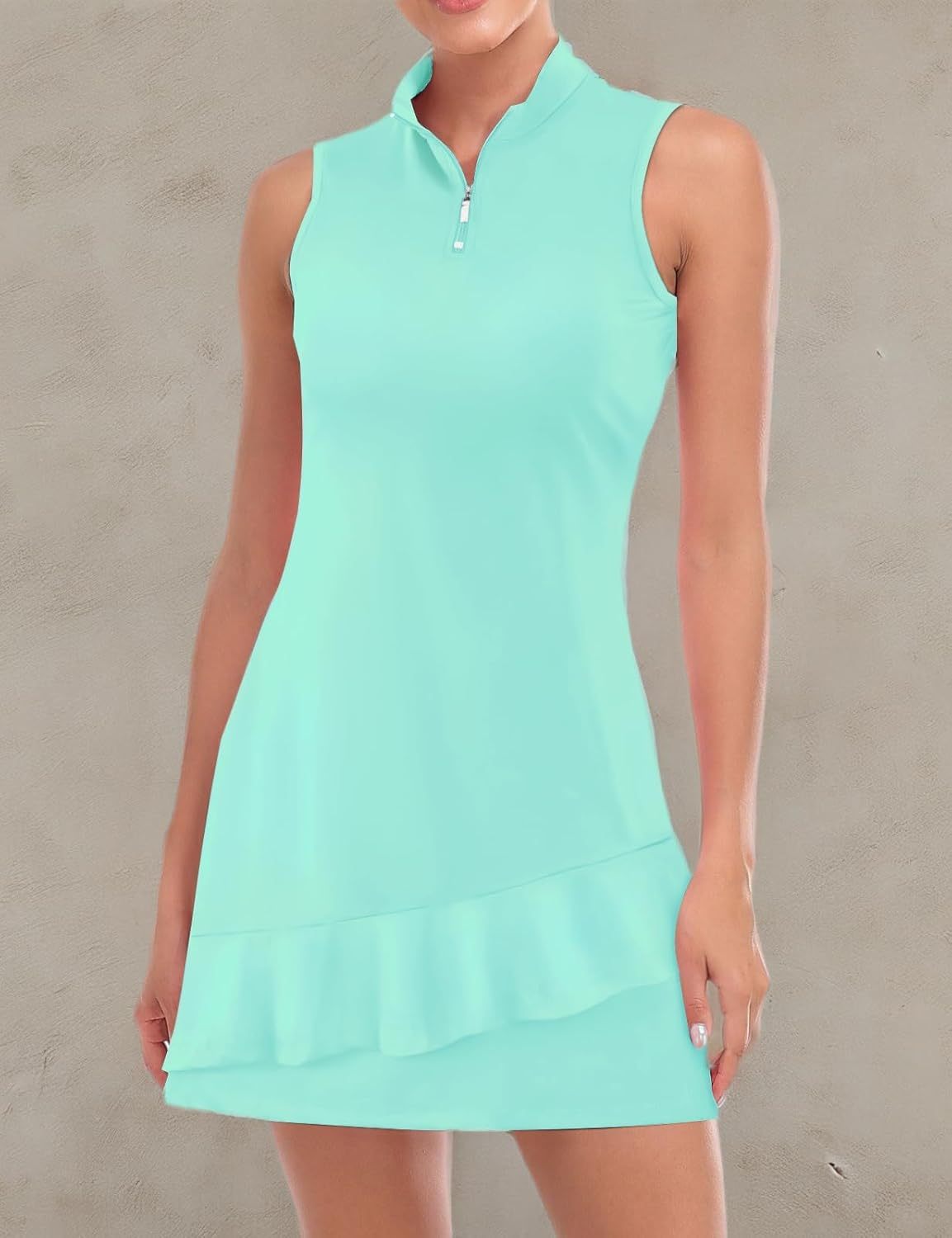 Tennis Dress for Women Sleeveless Golf Dresses with Shorts and Pockets Ruffle Zip Up Stand Collar Golf Outfits