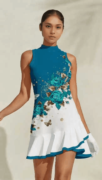 Fungolfs Floral Women's Golf Dress, Sleeveless High Neck + Ruffled Hem, Both Sporty and Stylish, Suitable for Golf, Pickleball and Tennis 004 (No Pockets)