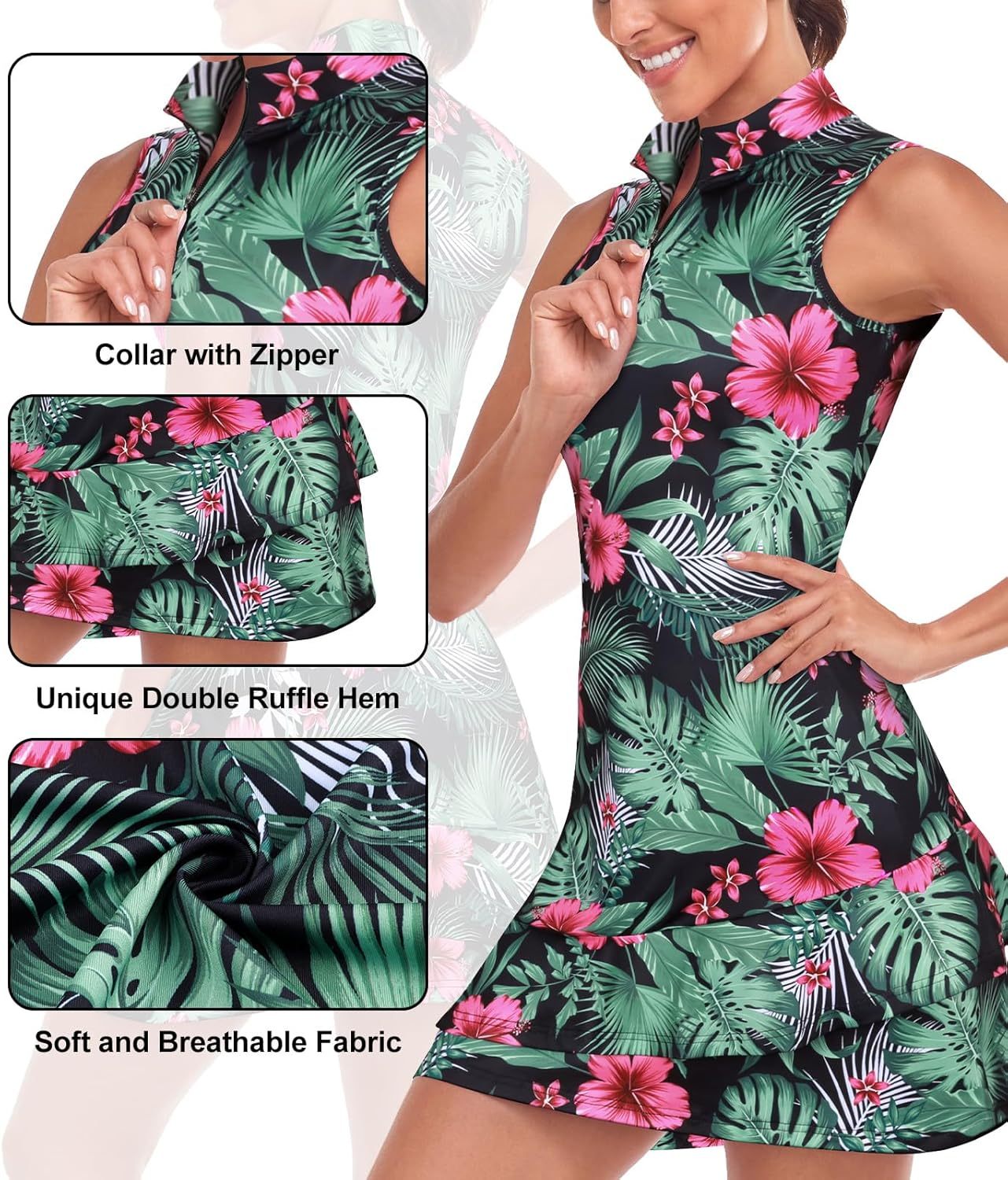 Tennis Dress for Women Sleeveless Golf Dresses with Shorts and Pockets Ruffle Zip Up Stand Collar Golf Outfits