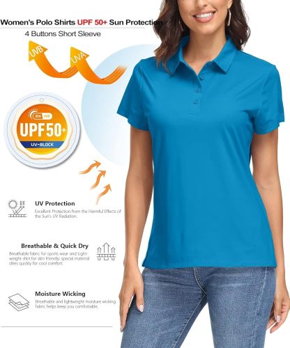 Women's Polo Shirts UPF 50+ Sun Protection 4 Buttons Casual Work Quick Dry Short Sleeve Collared Golf Shirt