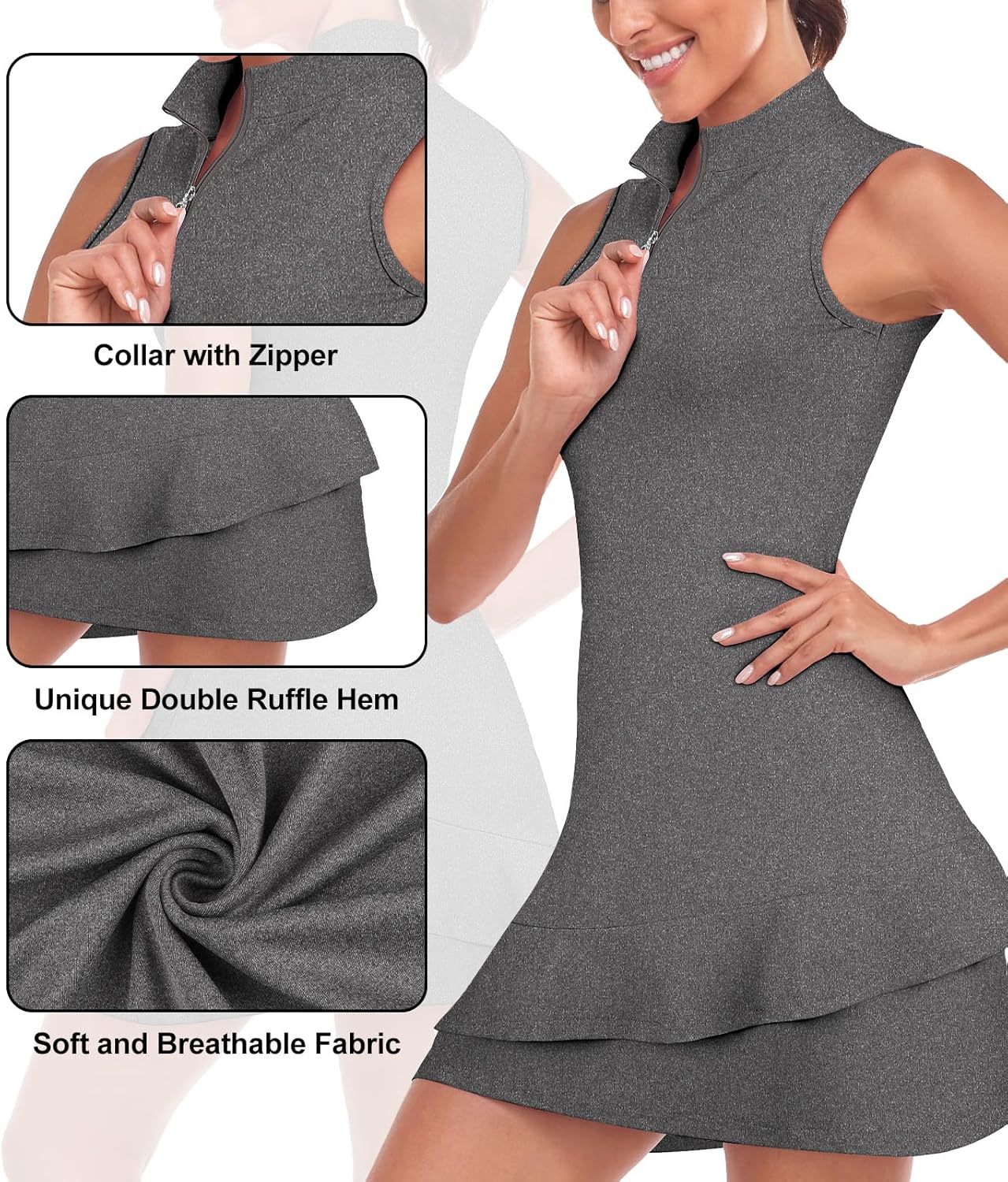 Tennis Dress for Women Sleeveless Golf Dresses with Shorts and Pockets Ruffle Zip Up Stand Collar Golf Outfits