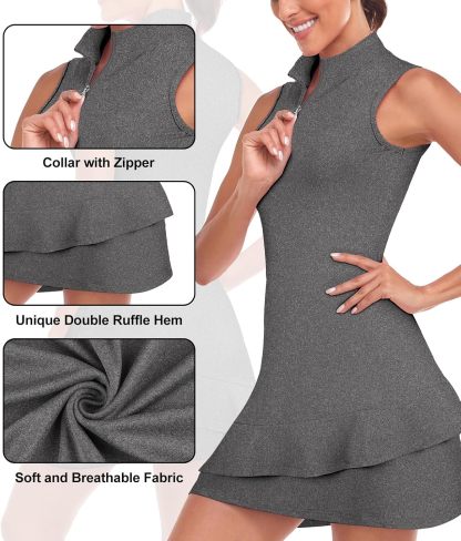 Tennis Dress for Women Sleeveless Golf Dresses with Shorts and Pockets Ruffle Zip Up Stand Collar Golf Outfits