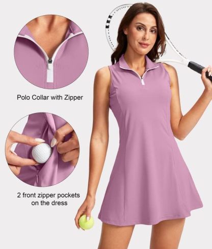 Women's Tennis Golf Dress with Shorts Active Exercise Workout Sports Athletic Dresses for Women with Zipper Pockets