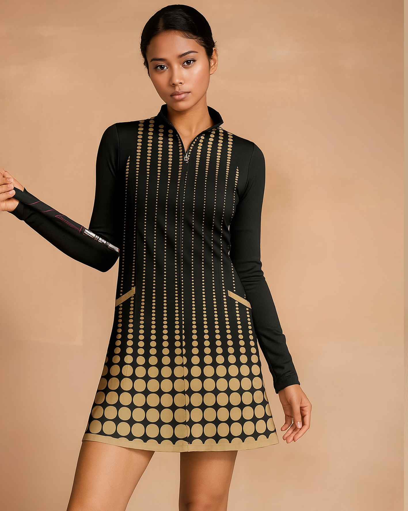 Fungolfs Fashion Gradient Polka Dot Simple Long Sleeve Dress 001 With Pockets