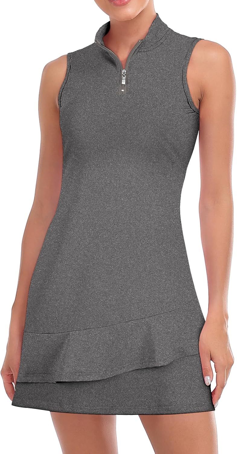 Tennis Dress for Women Sleeveless Golf Dresses with Shorts and Pockets Ruffle Zip Up Stand Collar Golf Outfits