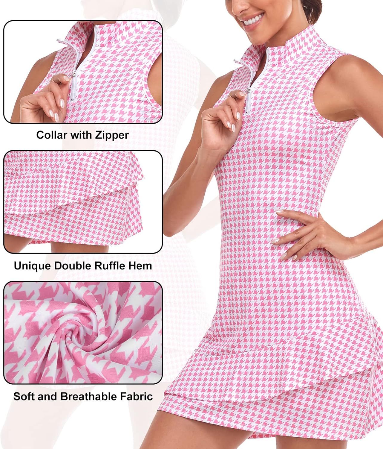 Tennis Dress for Women Sleeveless Golf Dresses with Shorts and Pockets Ruffle Zip Up Stand Collar Golf Outfits