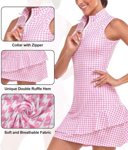 Tennis Dress for Women Sleeveless Golf Dresses with Shorts and Pockets Ruffle Zip Up Stand Collar Golf Outfits
