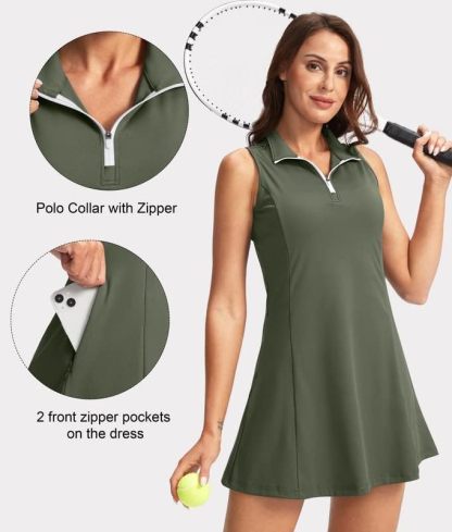 Women's Tennis Golf Dress with Shorts Active Exercise Workout Sports Athletic Dresses for Women with Zipper Pockets