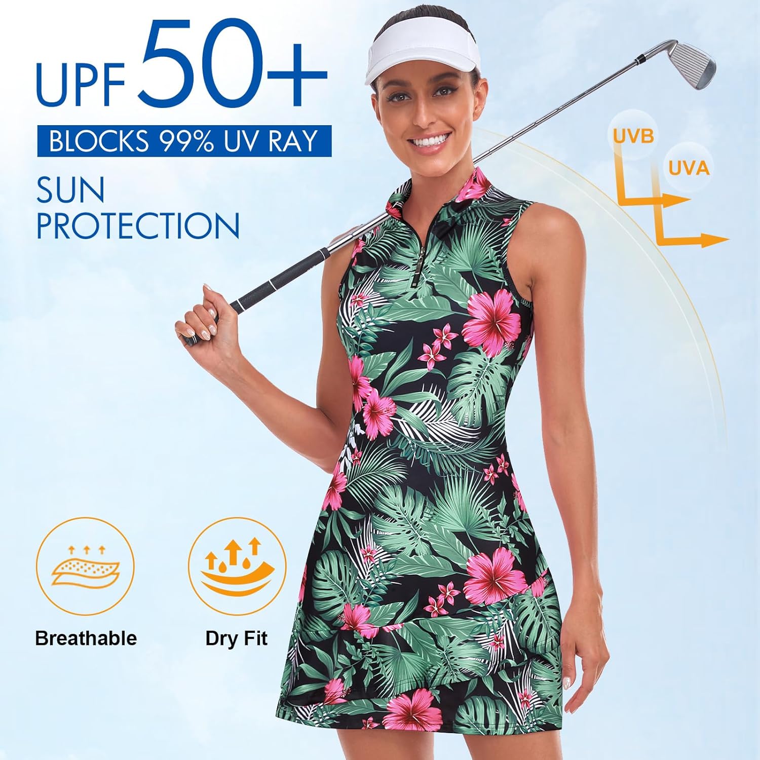 Tennis Dress for Women Sleeveless Golf Dresses with Shorts and Pockets Ruffle Zip Up Stand Collar Golf Outfits
