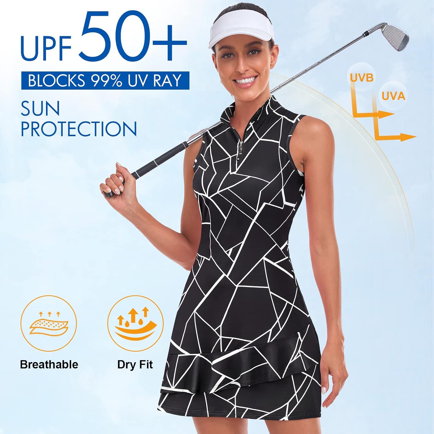 Tennis Dress for Women Sleeveless Golf Dresses with Shorts and Pockets Ruffle Zip Up Stand Collar Golf Outfits