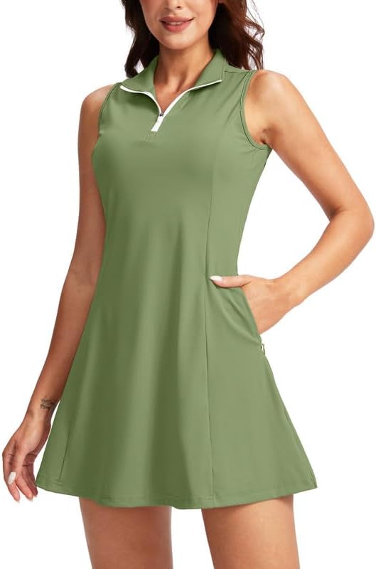 Women's Tennis Golf Dress with Shorts Active Exercise Workout Sports Athletic Dresses for Women with Zipper Pockets