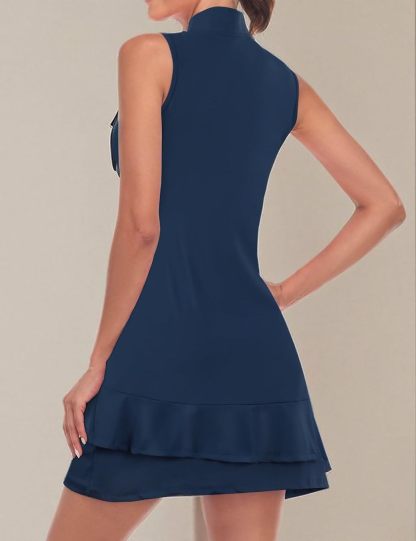 Tennis Dress for Women Sleeveless Golf Dresses with Shorts and Pockets Ruffle Zip Up Stand Collar Golf Outfits