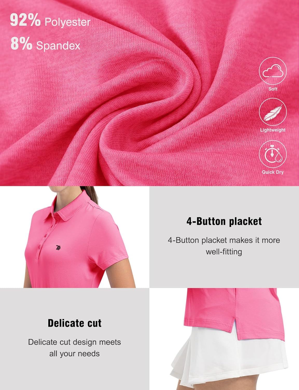 Women's Golf Polo Short Sleeve Shirts Lightweight Moisture Wicking Collared T Shirt Quick Dry 4-Button
