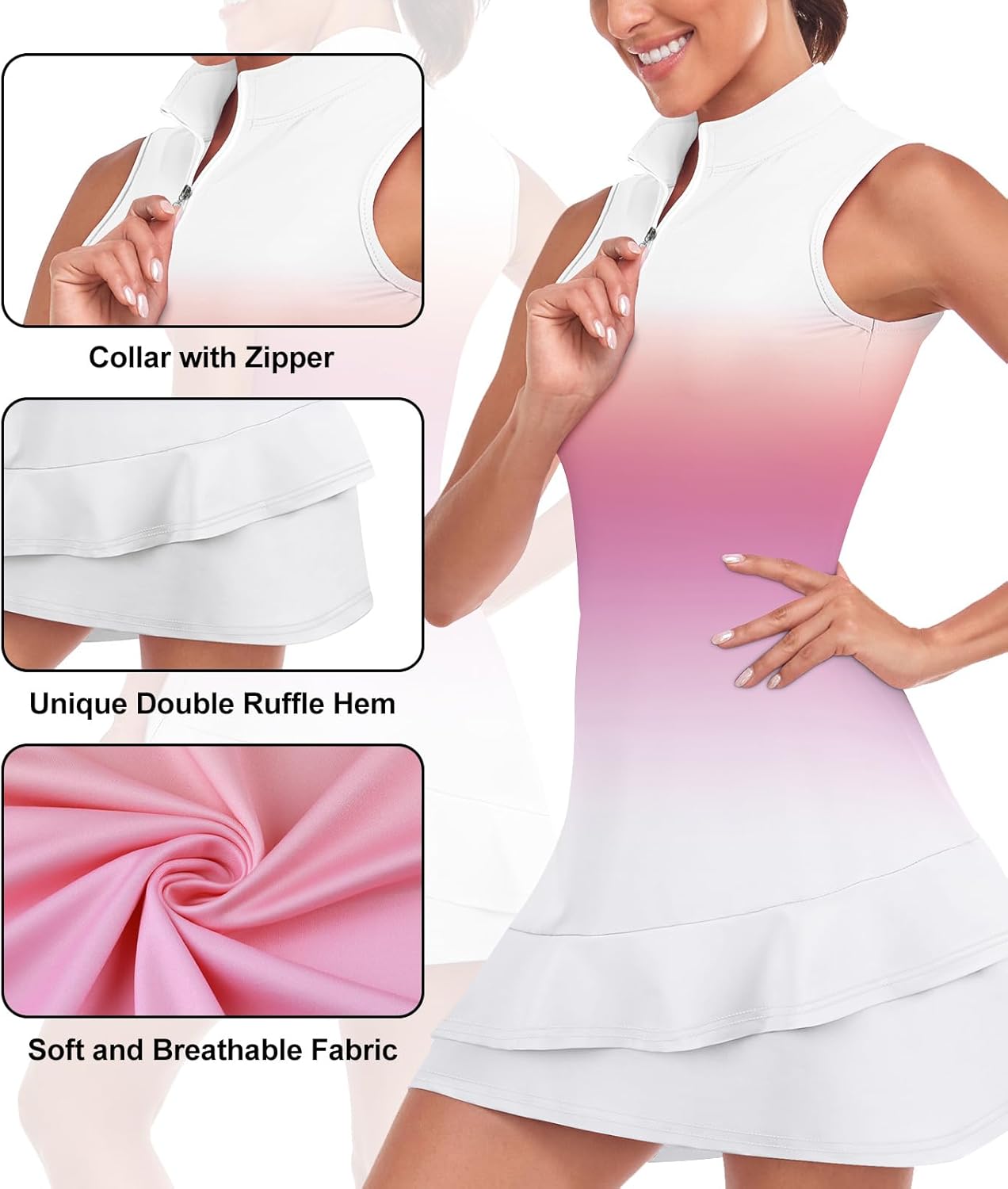 Tennis Dress for Women Sleeveless Golf Dresses with Shorts and Pockets Ruffle Zip Up Stand Collar Golf Outfits