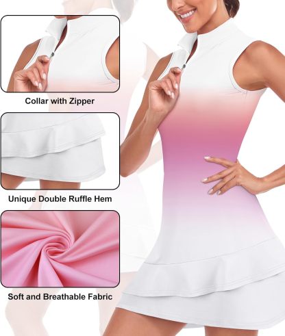 Tennis Dress for Women Sleeveless Golf Dresses with Shorts and Pockets Ruffle Zip Up Stand Collar Golf Outfits
