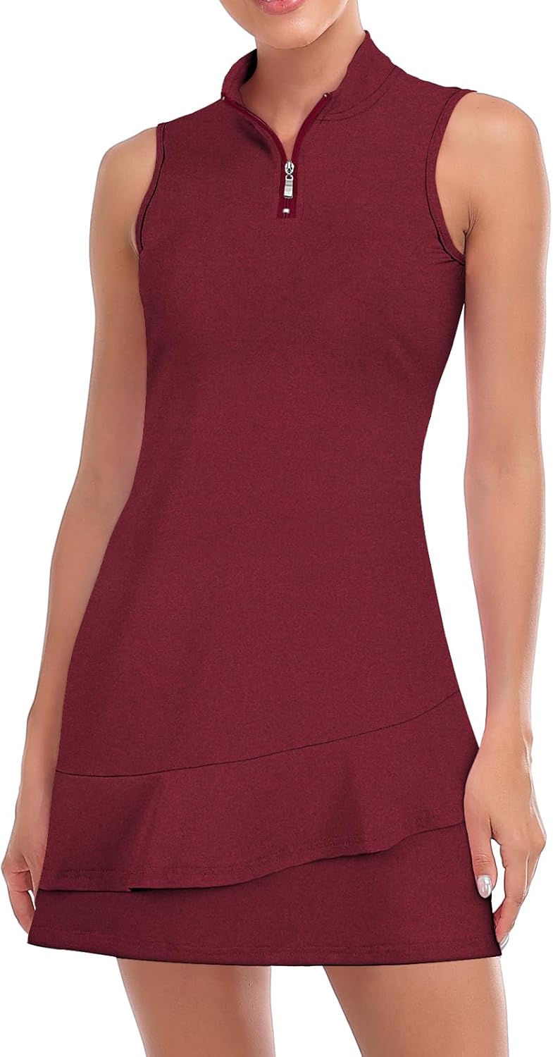 Tennis Dress for Women Sleeveless Golf Dresses with Shorts and Pockets Ruffle Zip Up Stand Collar Golf Outfits