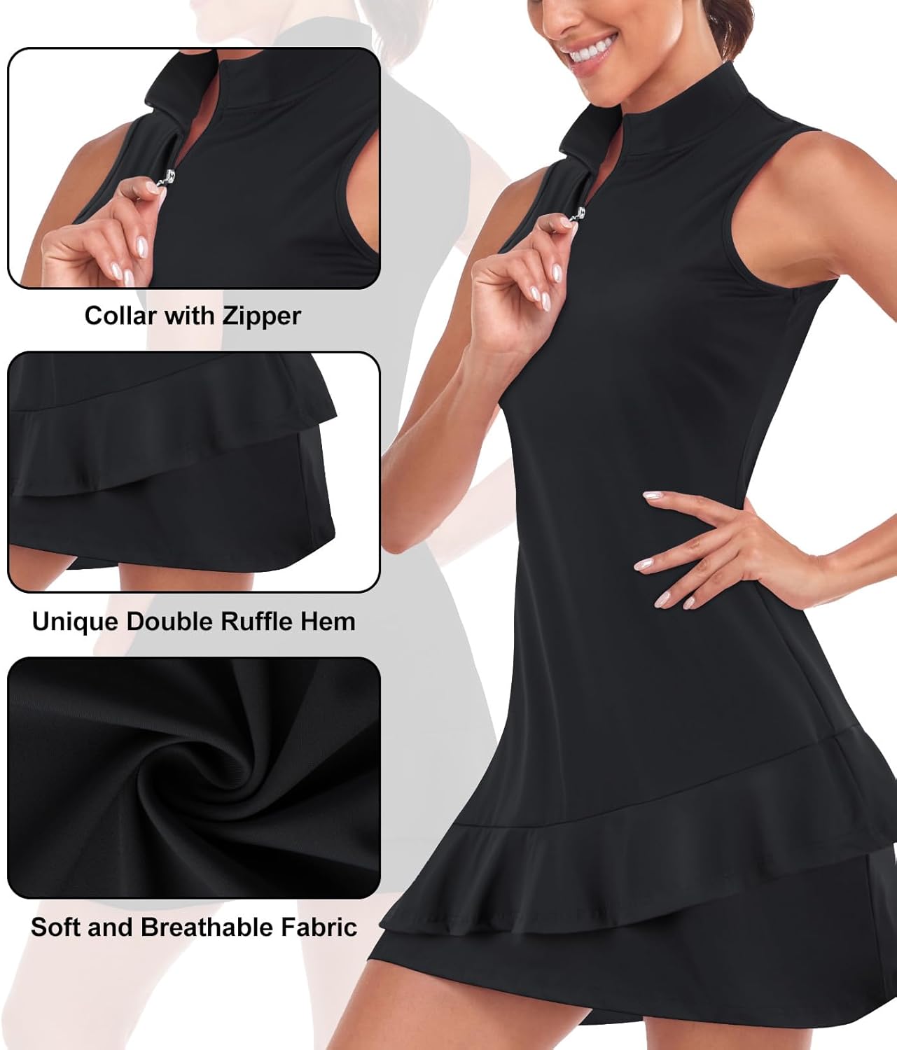Tennis Dress for Women Sleeveless Golf Dresses with Shorts and Pockets Ruffle Zip Up Stand Collar Golf Outfits