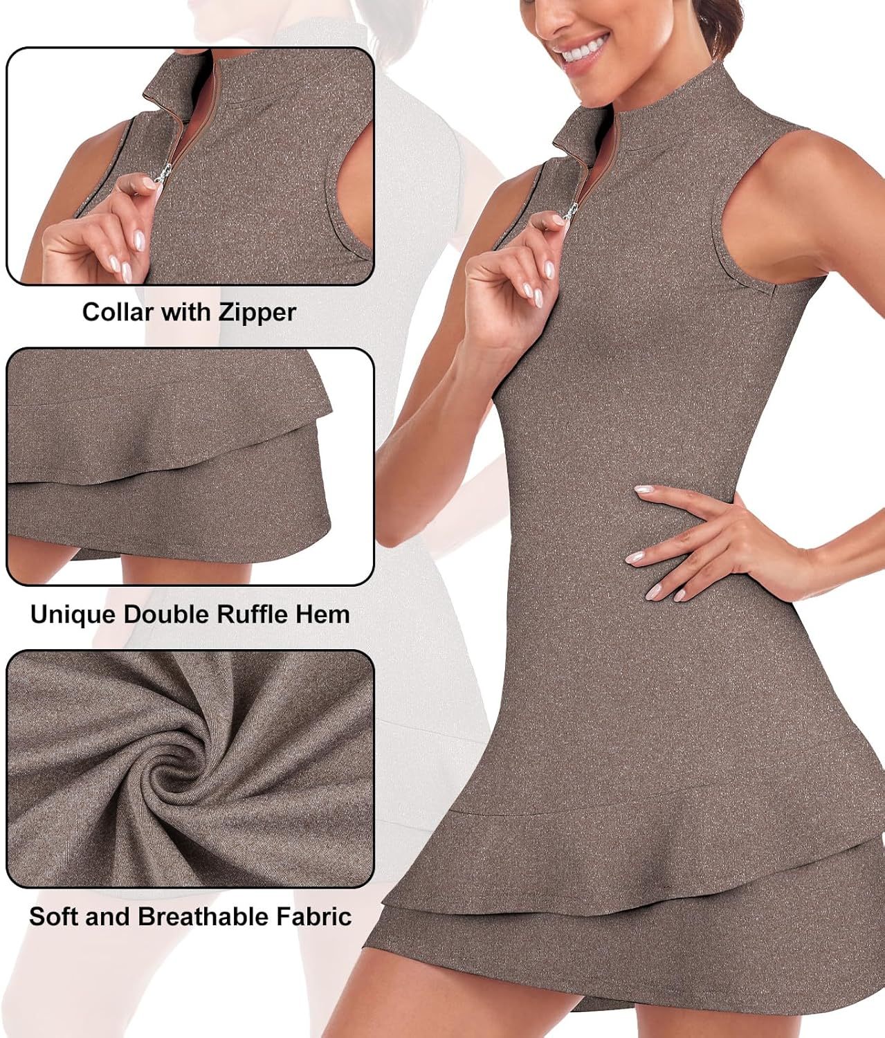 Tennis Dress for Women Sleeveless Golf Dresses with Shorts and Pockets Ruffle Zip Up Stand Collar Golf Outfits