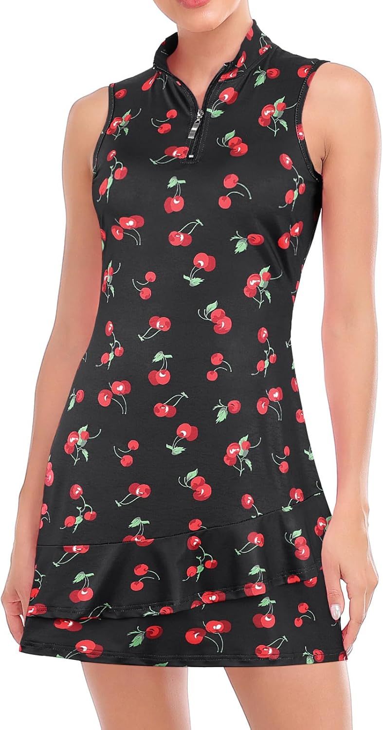 Tennis Dress for Women Sleeveless Golf Dresses with Shorts and Pockets Ruffle Zip Up Stand Collar Golf Outfits