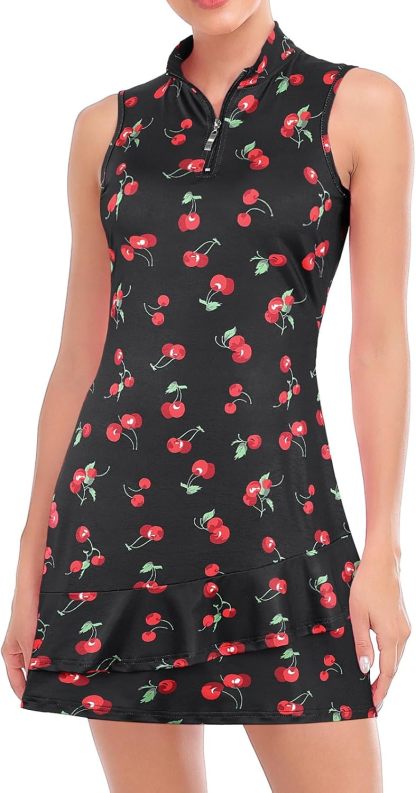 Tennis Dress for Women Sleeveless Golf Dresses with Shorts and Pockets Ruffle Zip Up Stand Collar Golf Outfits