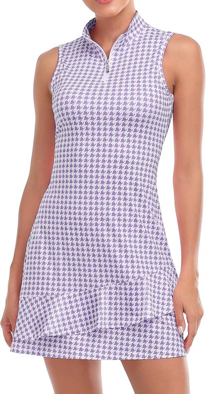 Tennis Dress for Women Sleeveless Golf Dresses with Shorts and Pockets Ruffle Zip Up Stand Collar Golf Outfits