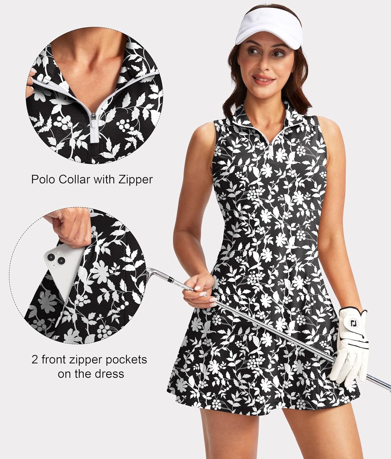 Women's Tennis Golf Dress with Shorts Active Exercise Workout Sports Athletic Dresses for Women with Zipper Pockets