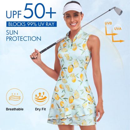 Tennis Dress for Women Sleeveless Golf Dresses with Shorts and Pockets Ruffle Zip Up Stand Collar Golf Outfits