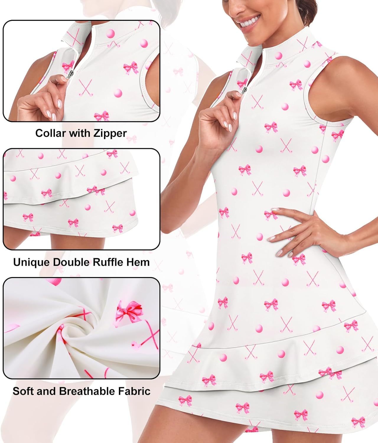 Tennis Dress for Women Sleeveless Golf Dresses with Shorts and Pockets Ruffle Zip Up Stand Collar Golf Outfits
