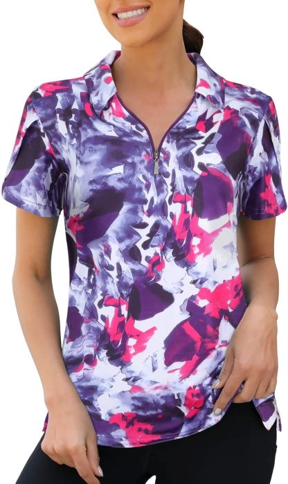 Womens Golf Polo Shirts 1/4 Zip Up Overlap Short Sleeve Quick Dry Workout Tops