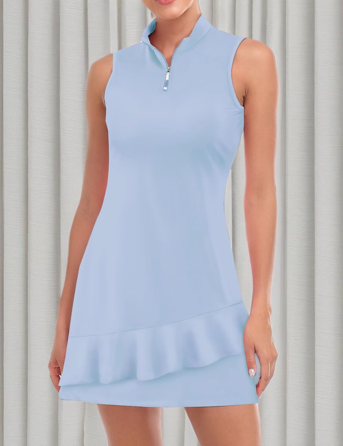 Tennis Dress for Women Sleeveless Golf Dresses with Shorts and Pockets Ruffle Zip Up Stand Collar Golf Outfits