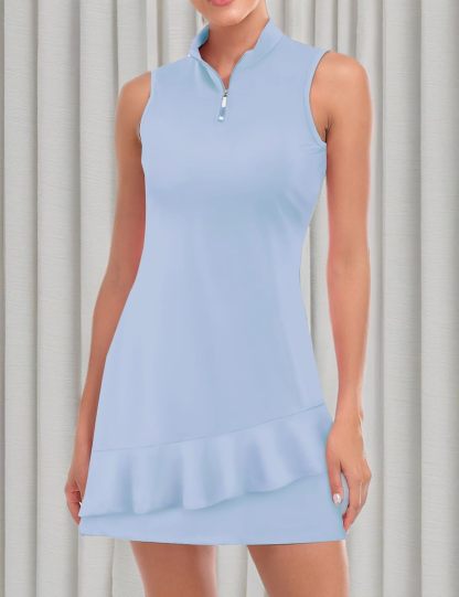 Tennis Dress for Women Sleeveless Golf Dresses with Shorts and Pockets Ruffle Zip Up Stand Collar Golf Outfits