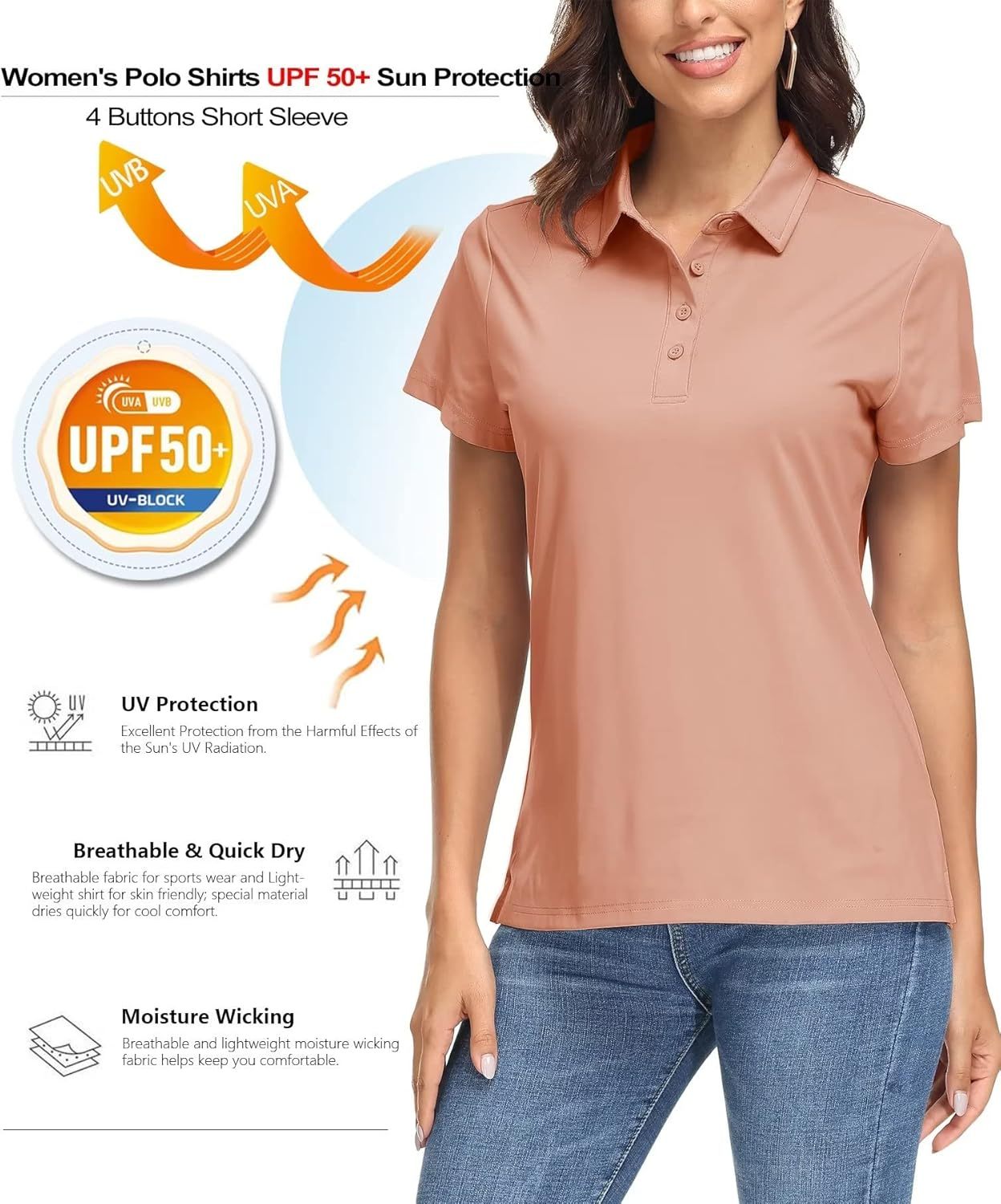 Women's Polo Shirts UPF 50+ Sun Protection 4 Buttons Casual Work Quick Dry Short Sleeve Collared Golf Shirt
