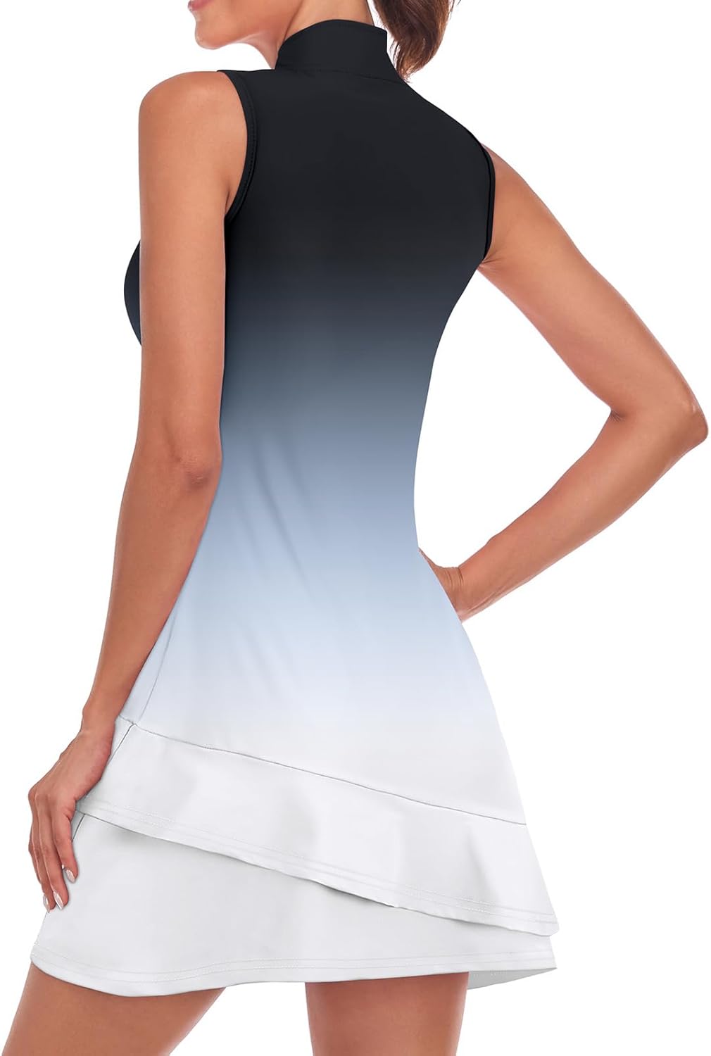 Tennis Dress for Women Sleeveless Golf Dresses with Shorts and Pockets Ruffle Zip Up Stand Collar Golf Outfits