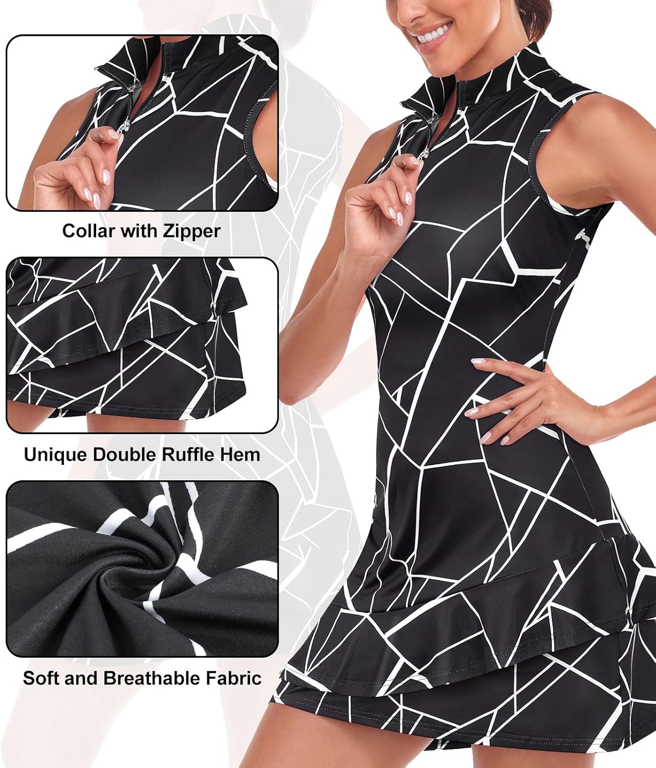 Tennis Dress for Women Sleeveless Golf Dresses with Shorts and Pockets Ruffle Zip Up Stand Collar Golf Outfits