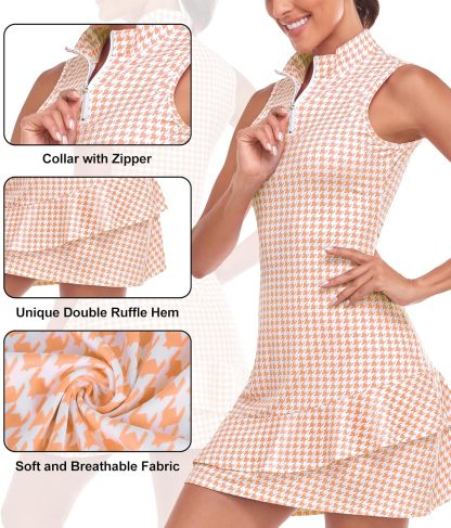 Tennis Dress for Women Sleeveless Golf Dresses with Shorts and Pockets Ruffle Zip Up Stand Collar Golf Outfits