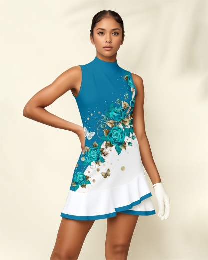 Fungolfs Floral Women's Golf Dress, Sleeveless High Neck + Ruffled Hem, Both Sporty and Stylish, Suitable for Golf, Pickleball and Tennis 004 (No Pockets)