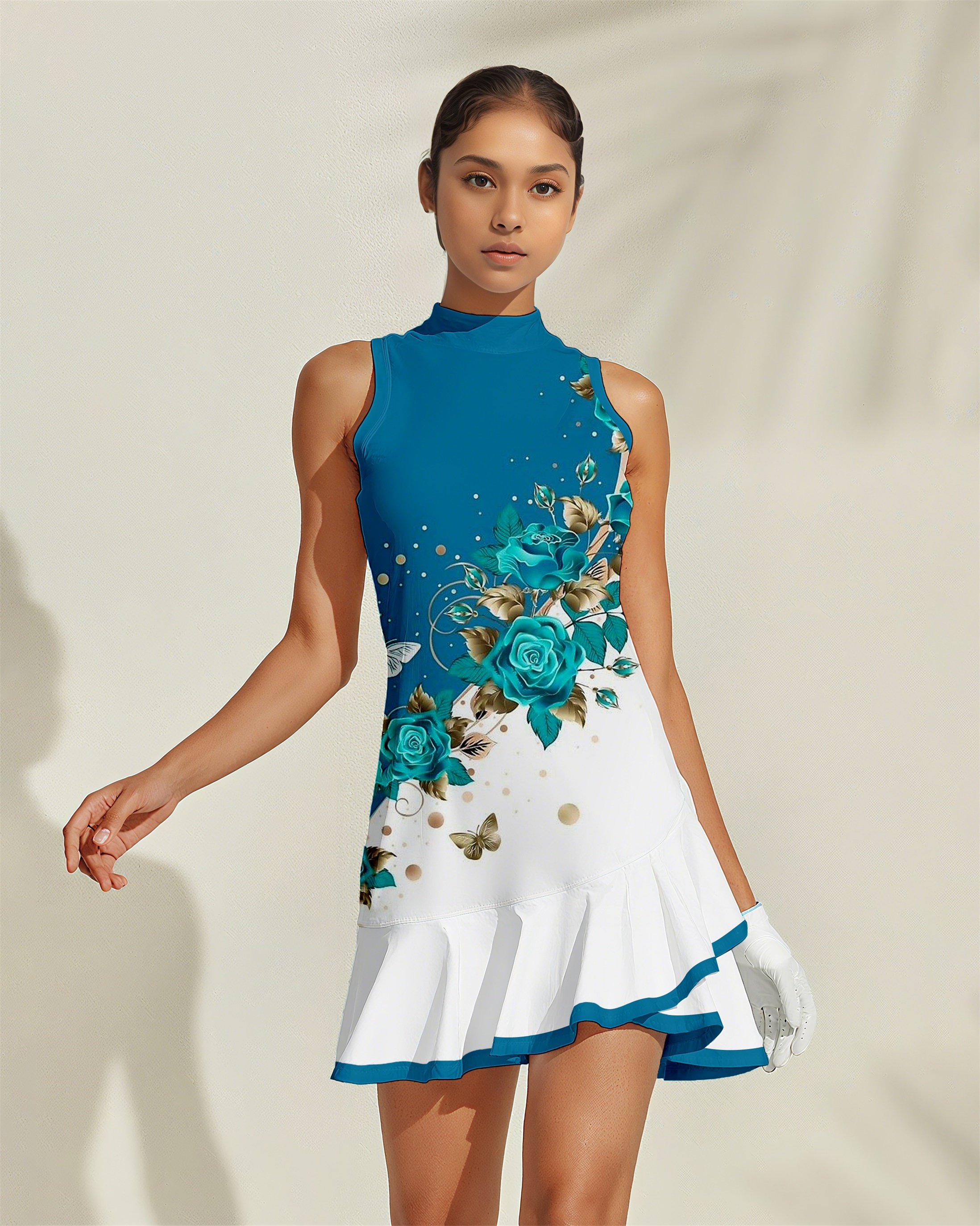 Fungolfs Floral Women's Golf Dress, Sleeveless High Neck + Ruffled Hem, Both Sporty and Stylish, Suitable for Golf, Pickleball and Tennis 004 (No Pockets)