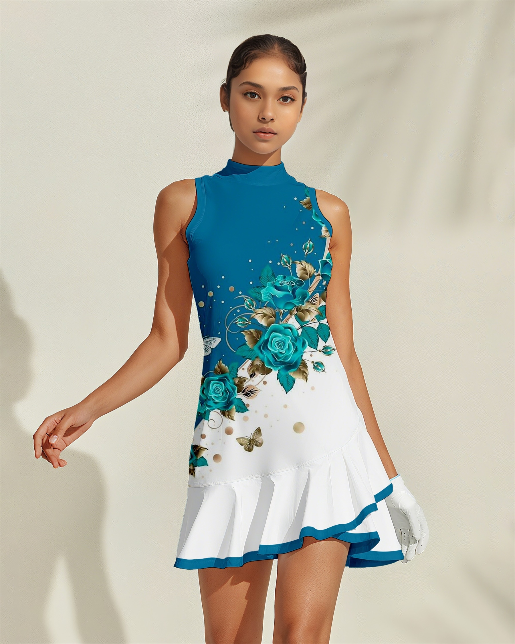 Fungolfs Floral Women's Golf Dress, Sleeveless High Neck + Ruffled Hem, Both Sporty and Stylish, Suitable for Golf, Pickleball and Tennis 004 (No Pockets)