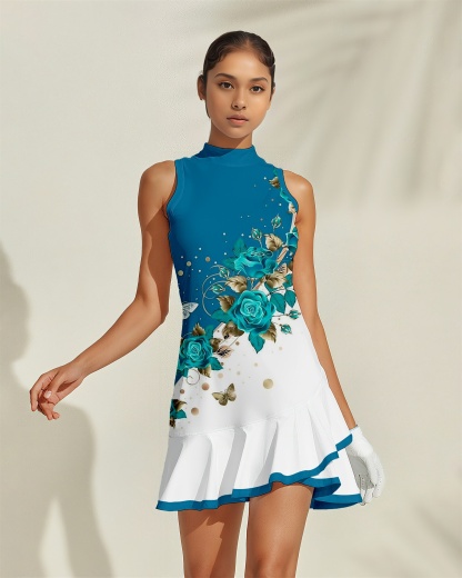 Fungolfs Floral Women's Golf Dress, Sleeveless High Neck + Ruffled Hem, Both Sporty and Stylish, Suitable for Golf, Pickleball and Tennis 004 (No Pockets)