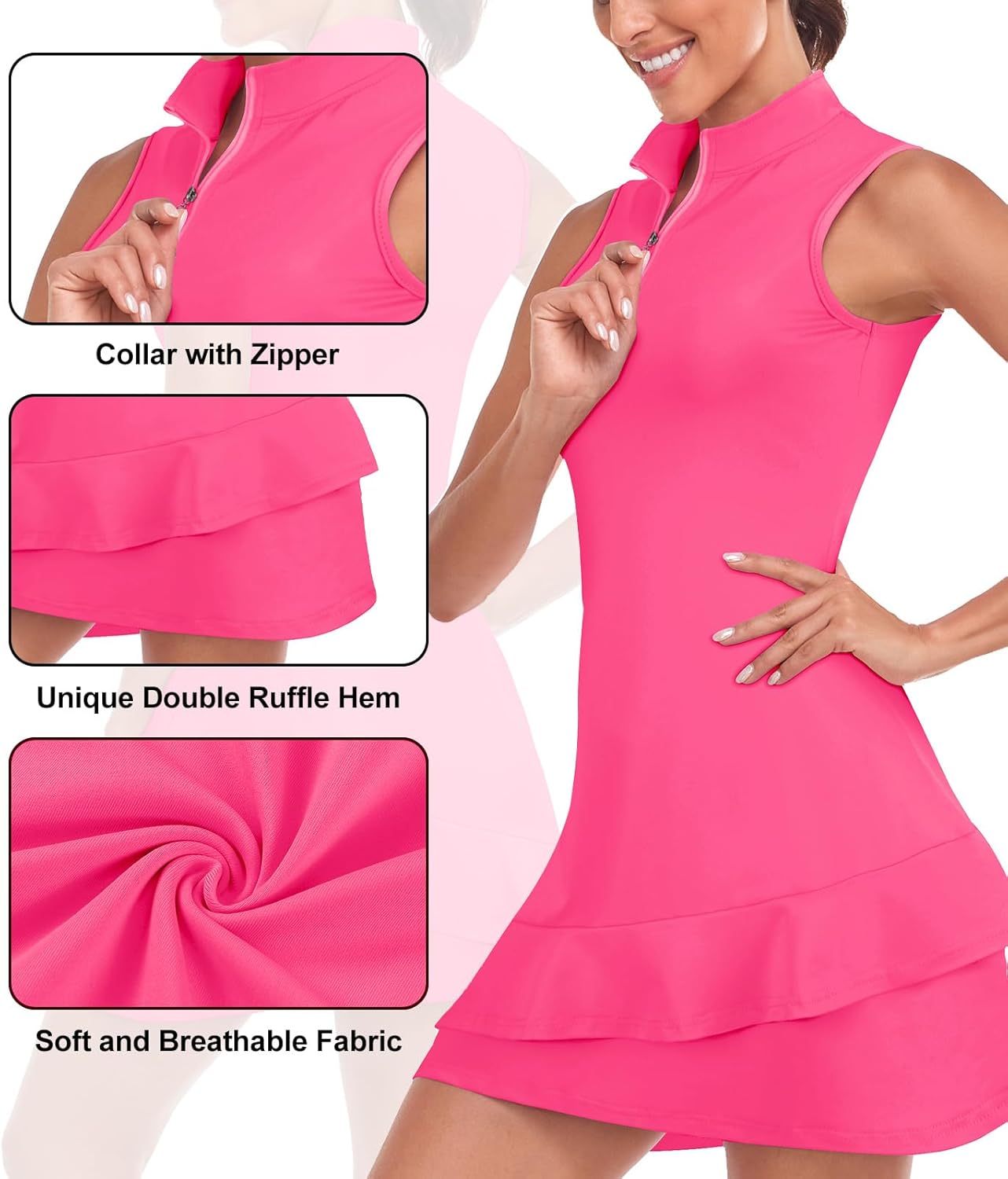 Tennis Dress for Women Sleeveless Golf Dresses with Shorts and Pockets Ruffle Zip Up Stand Collar Golf Outfits