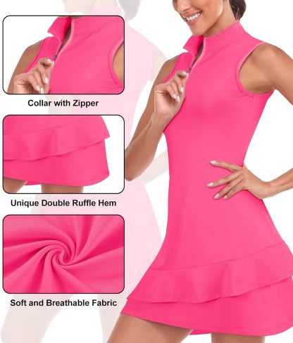 Tennis Dress for Women Sleeveless Golf Dresses with Shorts and Pockets Ruffle Zip Up Stand Collar Golf Outfits