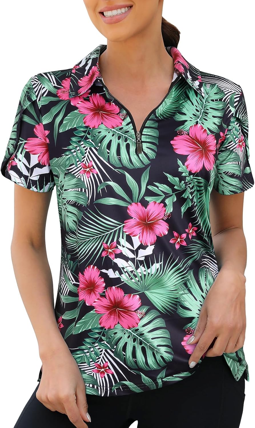 Womens Golf Polo Shirts 1/4 Zip Up Overlap Short Sleeve Quick Dry Workout Tops